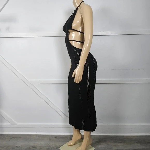 Babyboo Arabella Black Crochet Knit Halter Midi Dress Side Cutouts Women Small - Picture 7 of 11